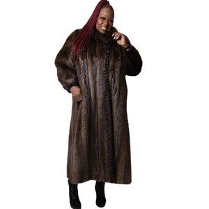 Long Hair Beaver Fur Coat w/ Sheared Beaver Trim
